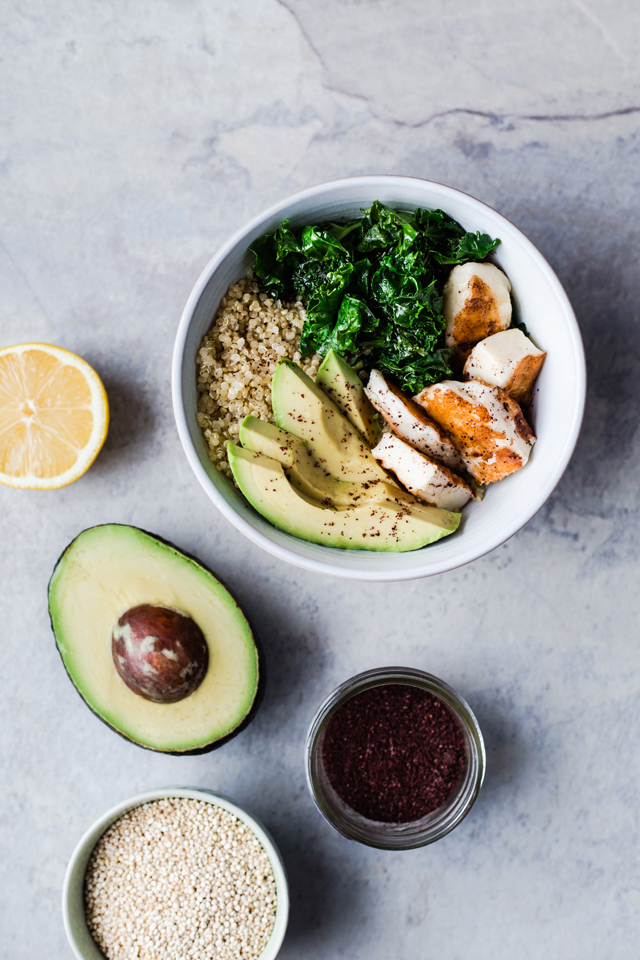 Quinoa, Avocado, Kale and Grilled Halloumi Bowl